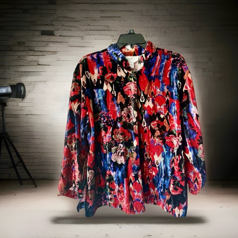 Coldwater Creek Velvet Luxe Multicolor Rayon Blend 3/4 Sleeve Blouse Women Sz L